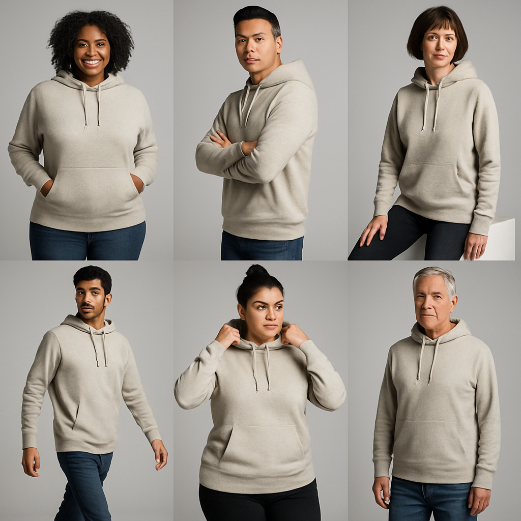 AI-generated on-model product grid showing multiple poses, body types, and backdrops